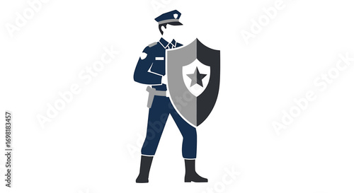 Vector illustration of a policeman in uniform holding a star shield, symbolizing protection, justice, and public safety