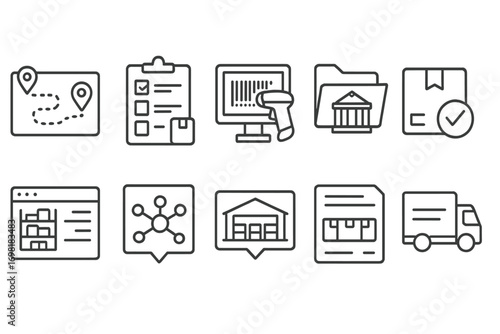 Warehouse, shipping line icon set. inventory, logistics outline collection