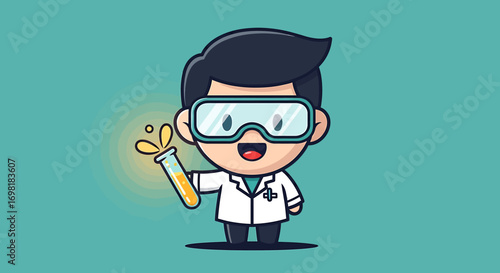 A charming cartoon illustration of a young boy scientist celebrating a successful experiment with a glowing test tube in his hand