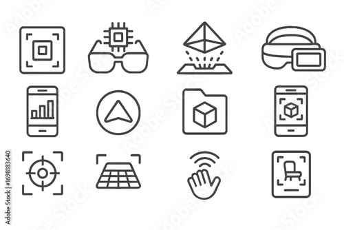 Virtual reality, ar line icon set. augmented reality, tech symbols in outline style