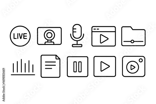 Media, music linear icon set. podcast, streaming tools in a simple line style
