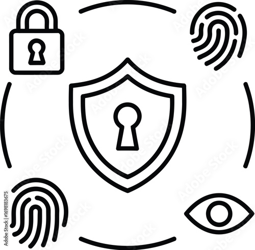 Digital security concept with shield, padlock, fingerprints, and eye icons for data protection.