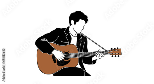 Artistic expression through music, a vector line art illustration of a male guitarist playing a soulful melody on an acoustic guitar