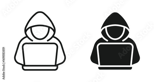 Hacker with laptop icon set, vector illustration. 