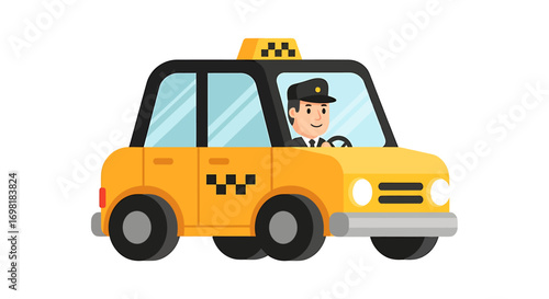Cartoon illustration of a professional driver in a yellow taxi. Urban transportation and city cab service concept for public mobility