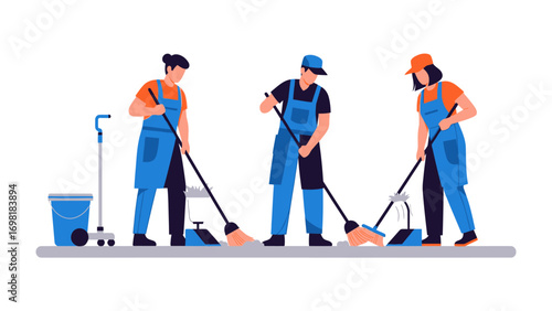 Cleaning Crew in Action: A dynamic trio of dedicated individuals, donning aprons and wielding mops, meticulously tend to their environment, symbolizing professionalism and hygiene.