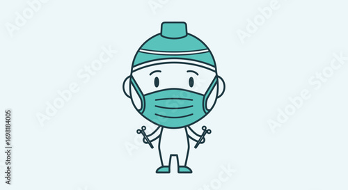 Cute cartoon dentist character wearing a protective face mask and holding dental instruments, a vector illustration for healthcare