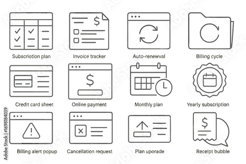 Billing and subscription outline icon set. payment, renewal, cycle tools collection