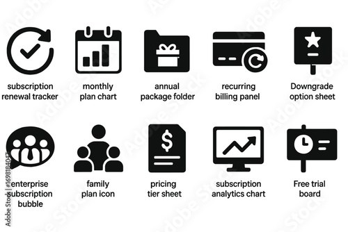 Subscription and billing silhouette icon set: renew, plan, option, pricing, analytics