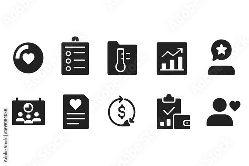Customer relationship solid icon set. Profile, document, transaction, loyalty, feedback black glyphs. Vector icons.