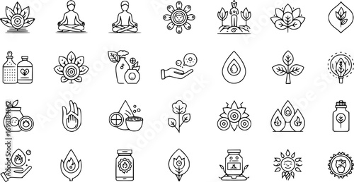Minimalist mindful living thin line icon set. Sustainability, wellness, slow lifestyle and holistic wellbeing outline vector illustrations