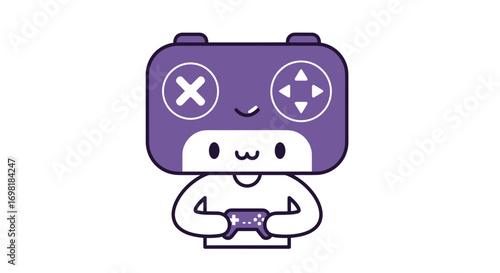 Cute purple cartoon character with a game controller, representing gaming and entertainment