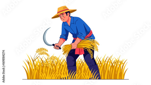 Harvesting the golden grain: A lone farmer, wearing a straw hat and armed with a scythe, meticulously gathers a bounty of ripe wheat during the harvest season.