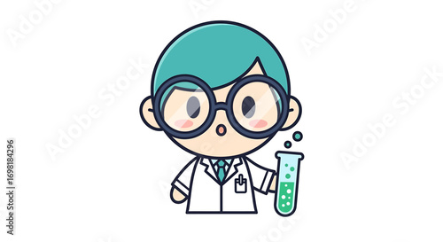 Charming cartoon scientist character with glasses and a lab coat, holding a test tube filled with a bright green liquid, ready for exciting experiments and new discoveries