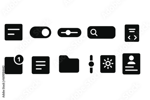 UI controls solid icon set. Switch, toggle, slider, search, folder black glyphs. Vector icons.