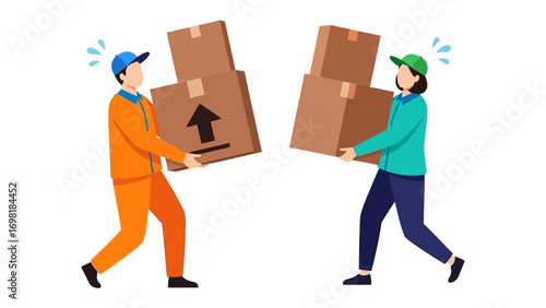 Delivery Duo: Two delivery workers, each burdened with packages, navigating the complexities of their daily tasks. Emphasizing the teamwork and service they provide.
