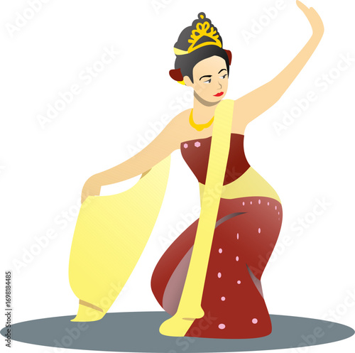 Vector illustration of Jaipong traditional dance from East Java, Indonesia, showing a graceful female dancer in cultural costume