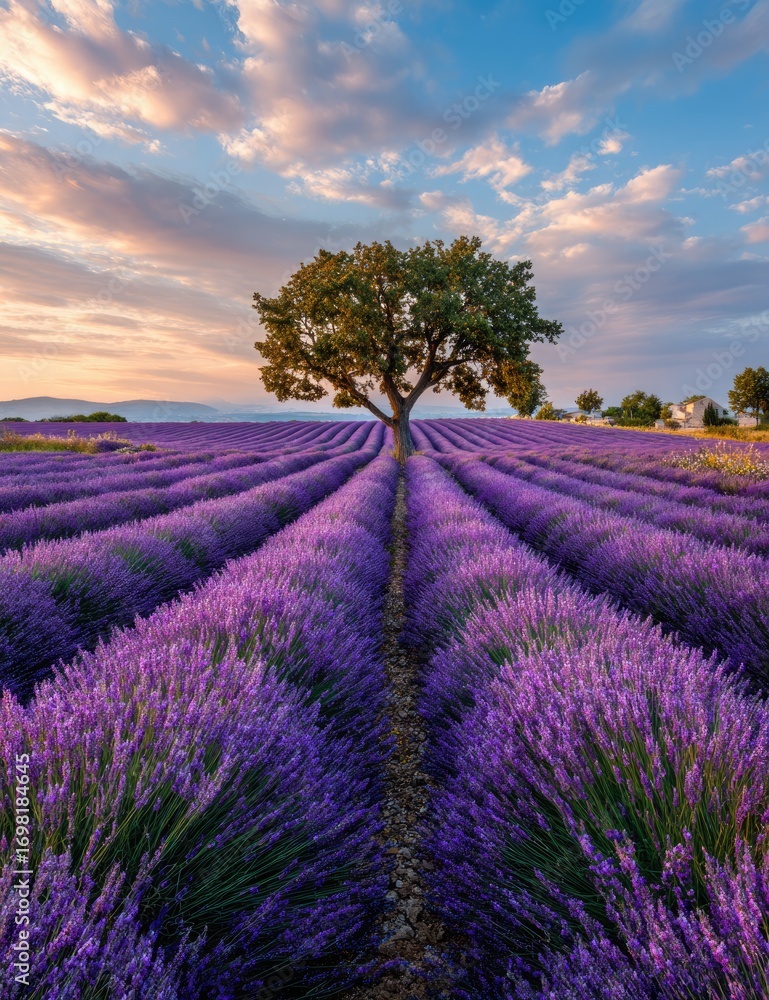 Obraz premium Lavender field at sunrise with lone tree