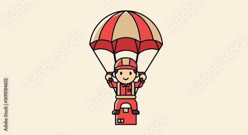 Vector illustration of a friendly courier in a helmet descending with a parachute and a cardboard box, symbolizing express air delivery and logistics
