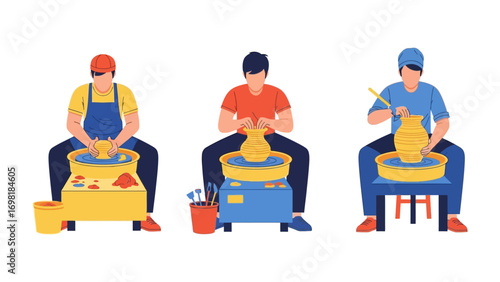 Crafting Pottery: A trio of skilled artisans engrossed in the ancient art of pottery, transforming raw clay into elegant forms. Each artisan is absorbed in their work.