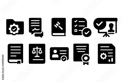 Legal documents solid icon set. Contract, certificate, law book, justice scale, approval icons. Vector icons.