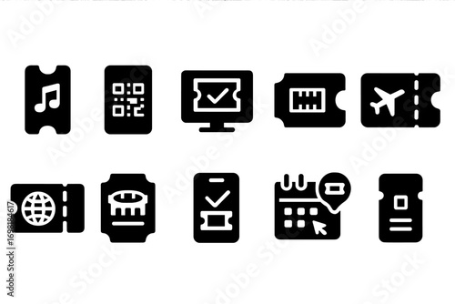 Event and ticketing silhouette icon set. concert, flight, qr code, ticket icons
