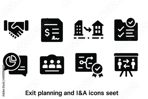Business and finance silhouette icon set. essentials for planning and management