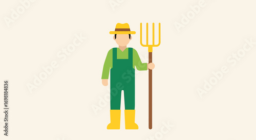 Simple flat design illustration of a male farmer character in a hat and overalls holding a pitchfork, symbolizing agriculture and rural work