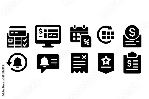 Finance, budget silhouette icon set. accounting, transaction, expense management icons