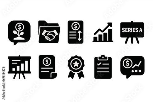 Finance and investment solid icon set. budget, growth, analysis icons collection