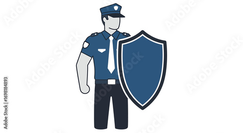 Professional security guard character in a blue uniform with a cap and tie, holding a protective shield. An isolated vector illustration for safety and security concepts