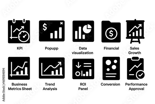 Data analytics solid icon set. visualization, trend, metrics, sales, finance icons