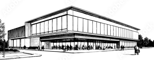 Modern commercial building in a black and white architectural line drawing style