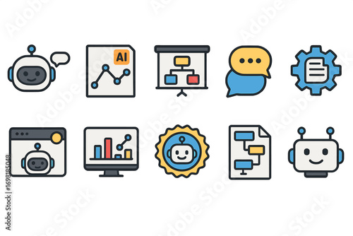 Technology innovation flat icon set. ai, chatbots, automation, data visualization icons