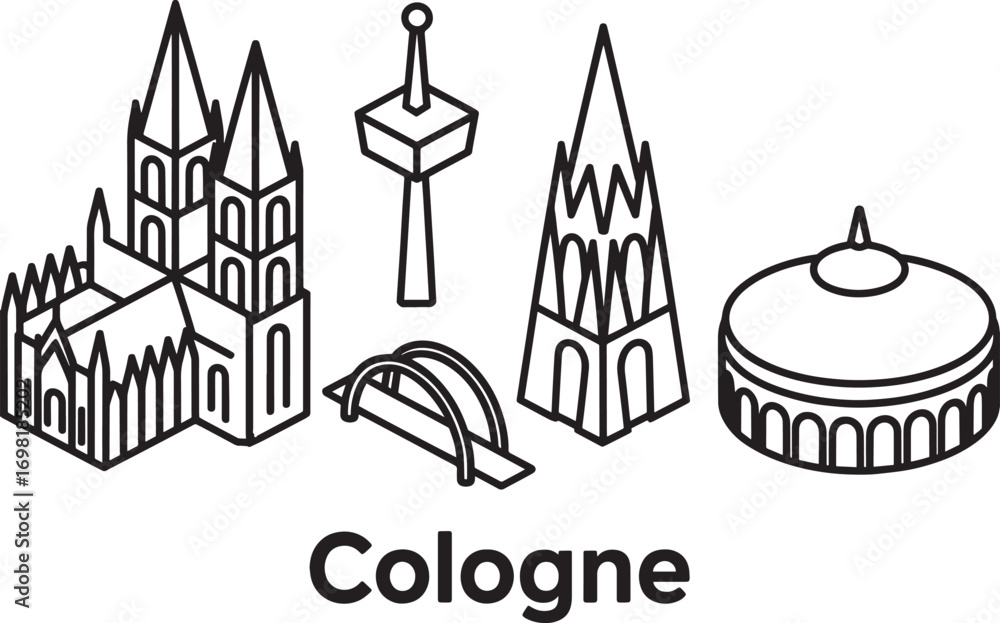 Obraz premium Cologne Cityscape Outline Vector Illustration with Landmarks and Typography Design Element