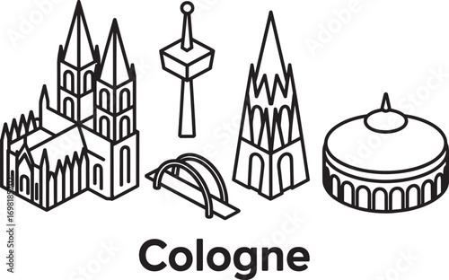 Cologne Cityscape Outline Vector Illustration with Landmarks and Typography Design Element