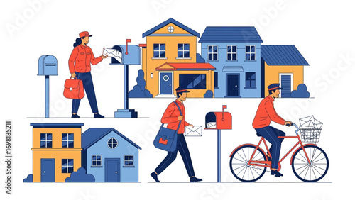 Delivery Service Illustration: Depicting efficient mail carriers distributing letters amidst a charming suburban setting, symbolizing the essence of communication and connectivity.