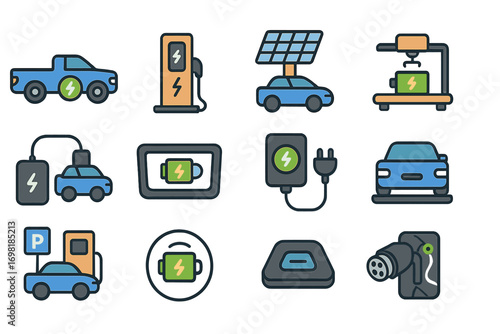 Electric vehicle outline icon set. charging, battery, sustainability, transport icons
