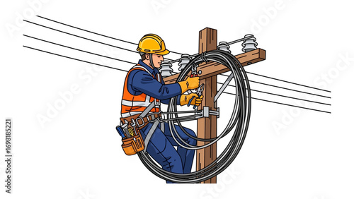 Electrical Worker at Work: A skilled electrical worker meticulously works on power lines atop a utility pole, ensuring the reliable distribution of energy.
