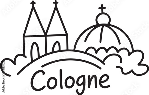 Cologne Skyline Doodle Illustration with Cathedral and Dome on Hill with Clouds and Text