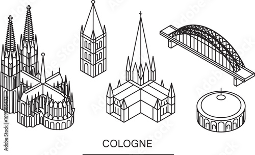Cologne Cityscape Vector Outline Illustration with Cathedral, Tower, and Bridge Landmarks