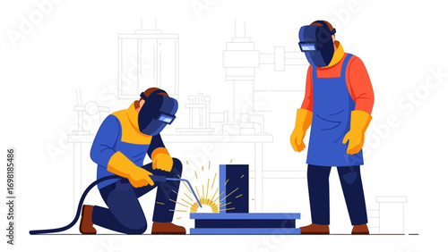 Welding Workshop: Witness the intensity and precision of two welders engaged in their craft, sparks fly as they forge connections and build structures with skill and expertise.