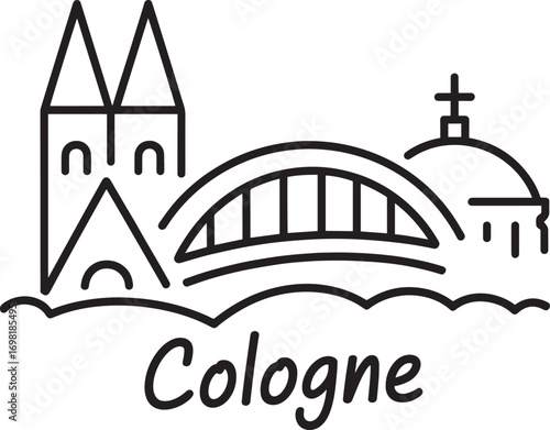 Cologne Skyline Line Art with Cathedral, Bridge, and Dome on Hill with Text Below