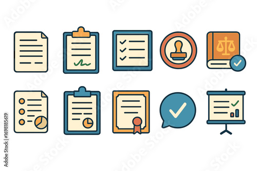 Legal, law flat icon set. documents, justice, attorney visual elements