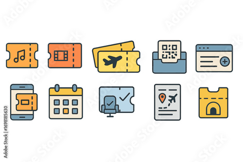 Ticket booking flat icon set for travel and entertainment in outline style