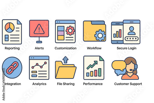 Business, technology flat icon set. workflow, analytics, secure login flat icons