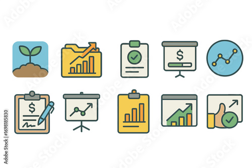 Business growth outline icon set. analytics, success, finance, data visualization
