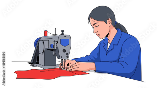 Sewing with Precision: A skilled artisan, engrossed in her craft, meticulously operates a sewing machine, creating a vibrant red garment with unwavering focus and expertise.