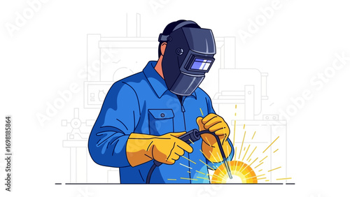 Welder in Action: A skilled artisan, enveloped in protective gear, performs a precise welding operation, showcasing the art of metalwork and industrial craftsmanship.