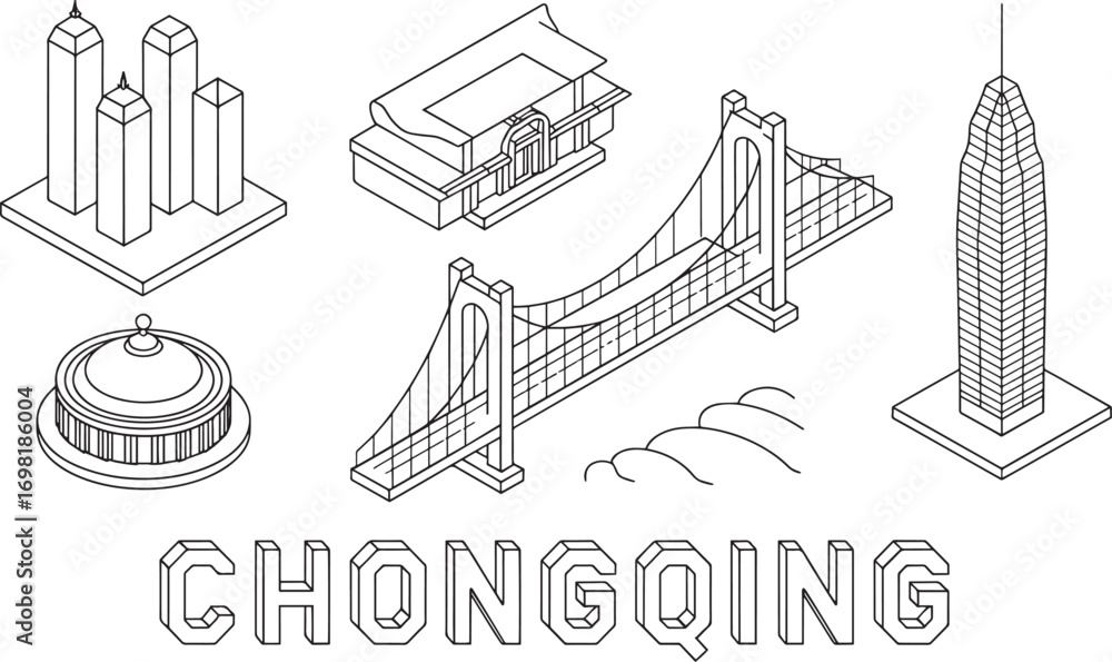 Fototapeta premium Isometric Chongqing Skyline Vector Illustration with City Landmarks and Typography Design